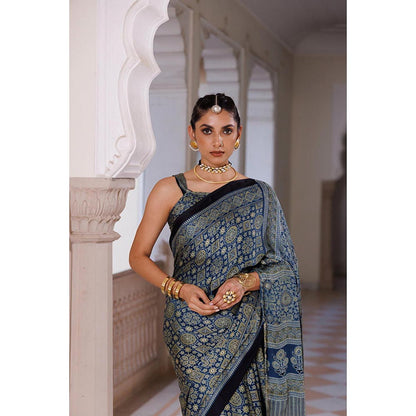 Geroo Luxe Women Indigo Silk Handloom Saree with Unstitched Blouse