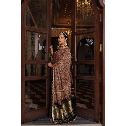 Geroo Luxe Women Brown Silk Embellished Saree with Unstitched Blouse