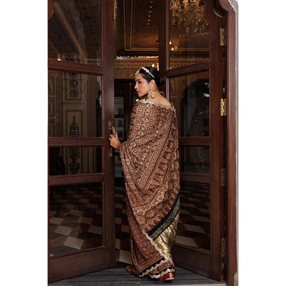 Geroo Luxe Women Brown Silk Embellished Saree with Unstitched Blouse