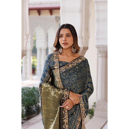Geroo Luxe Women Indigo Silk Embellished Saree with Unstitched Blouse