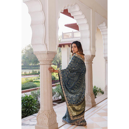 Geroo Luxe Women Indigo Silk Embellished Saree with Unstitched Blouse