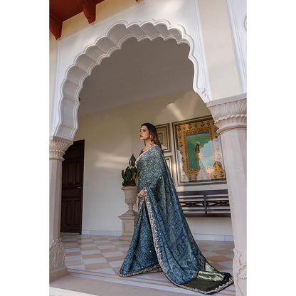 Geroo Luxe Women Indigo Silk Embellished Saree with Unstitched Blouse