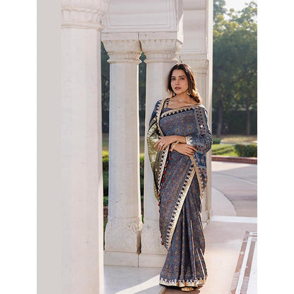 Geroo Luxe Women Indigo Silk Embellished Saree with Unstitched Blouse