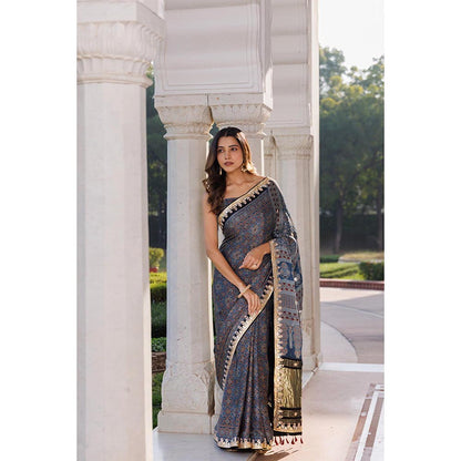 Geroo Luxe Women Indigo Silk Embellished Saree with Unstitched Blouse
