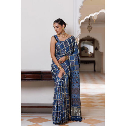 Geroo Luxe Women Blue Silk Handloom Saree with Unstitched Blouse