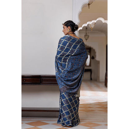 Geroo Luxe Women Blue Silk Handloom Saree with Unstitched Blouse