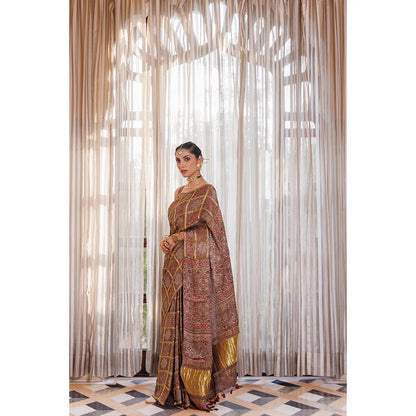 Geroo Luxe Women Brown Silk Handloom Saree with Unstitched Blouse