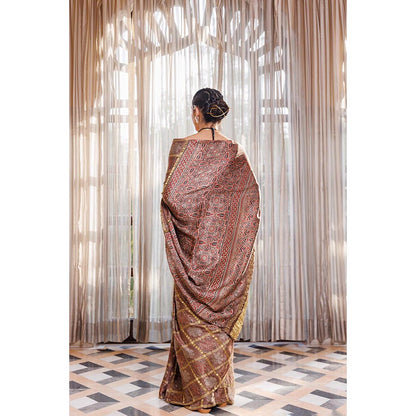 Geroo Luxe Women Brown Silk Handloom Saree with Unstitched Blouse