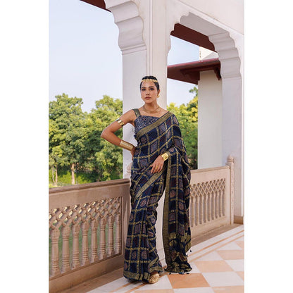Geroo Luxe Women Indigo Silk Handloom Saree with Unstitched Blouse