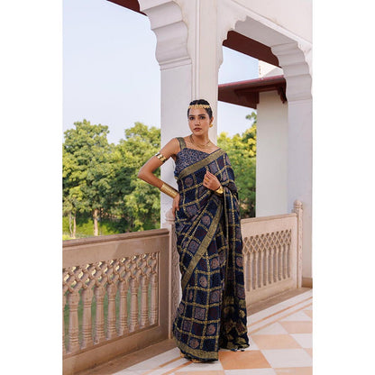 Geroo Luxe Women Indigo Silk Handloom Saree with Unstitched Blouse