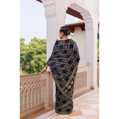Geroo Luxe Women Indigo Silk Handloom Saree with Unstitched Blouse