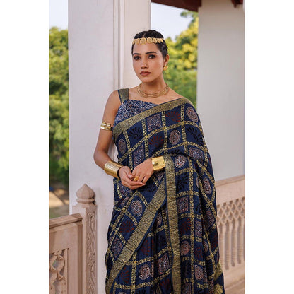 Geroo Luxe Women Indigo Silk Handloom Saree with Unstitched Blouse