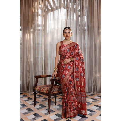 Geroo Luxe Women Maroon Silk Handloom Saree with Unstitched Blouse