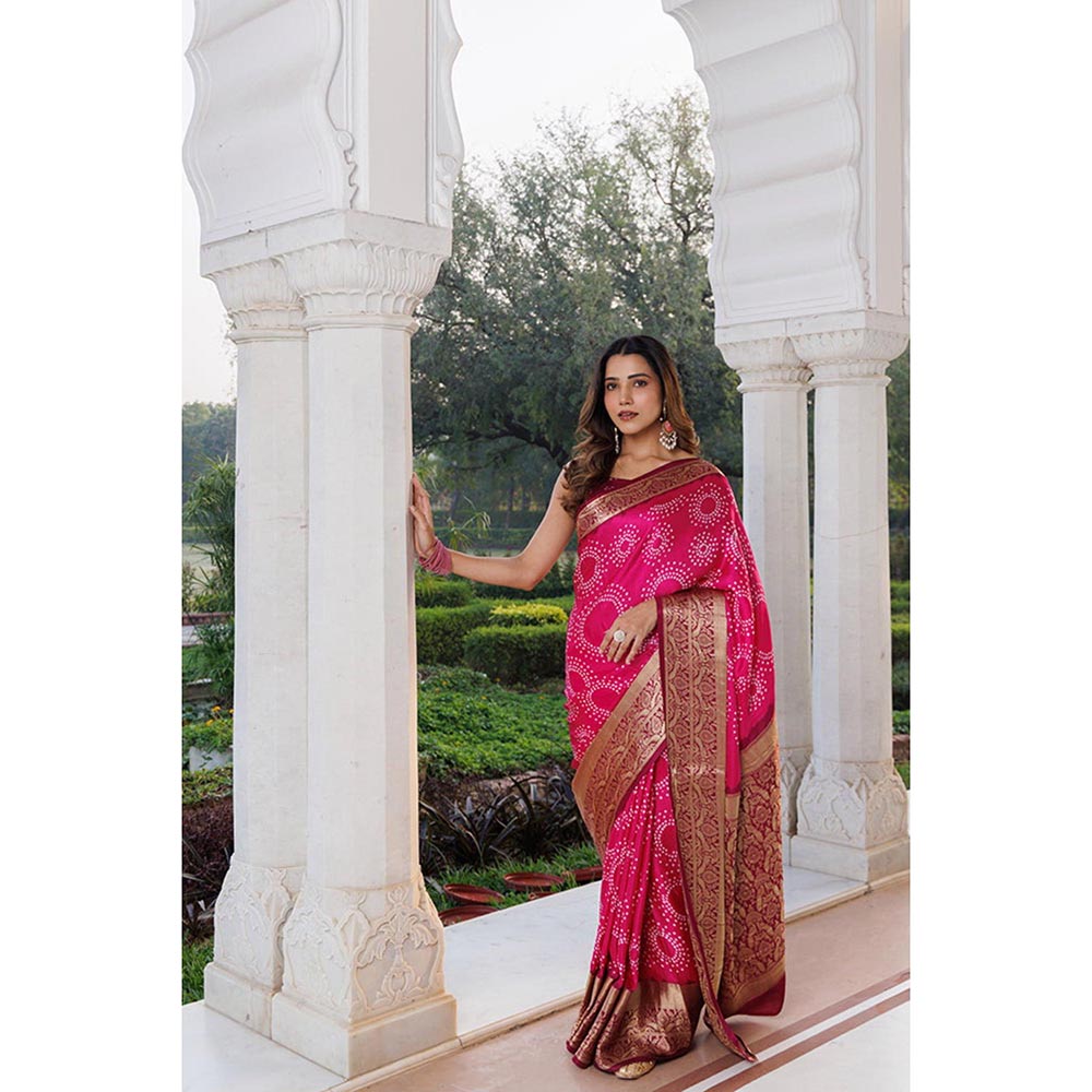 Geroo Luxe Women Pink Silk Handloom Saree with Unstitched Blouse