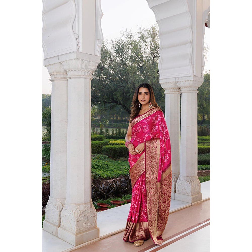 Geroo Luxe Women Pink Silk Handloom Saree with Unstitched Blouse