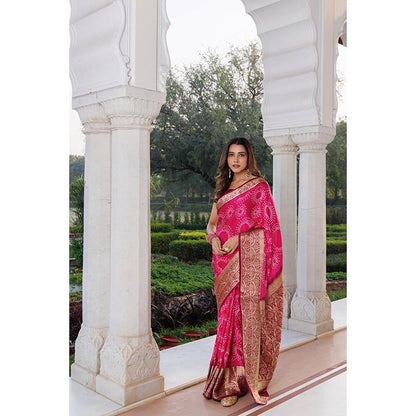 Geroo Luxe Women Pink Silk Handloom Saree with Unstitched Blouse