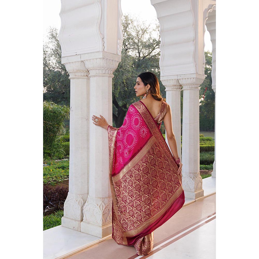 Geroo Luxe Women Pink Silk Handloom Saree with Unstitched Blouse