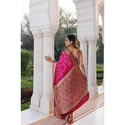 Geroo Luxe Women Pink Silk Handloom Saree with Unstitched Blouse