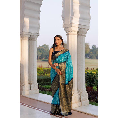 Geroo Luxe Women Blue Silk Handloom Saree with Unstitched Blouse