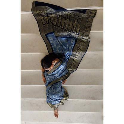 Geroo Luxe Women Blue Silk Handloom Saree with Unstitched Blouse