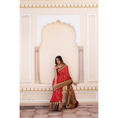 Geroo Luxe Women Red Silk Handloom Saree with Unstitched Blouse