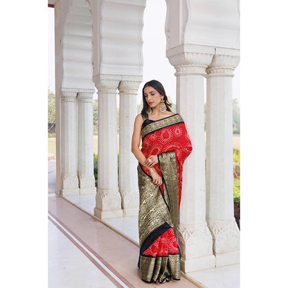 Geroo Luxe Women Red Silk Handloom Saree with Unstitched Blouse