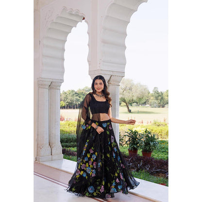 Geroo Luxe Women Black Chiffon Lehenga with Unstitched Blouse and Dupatta