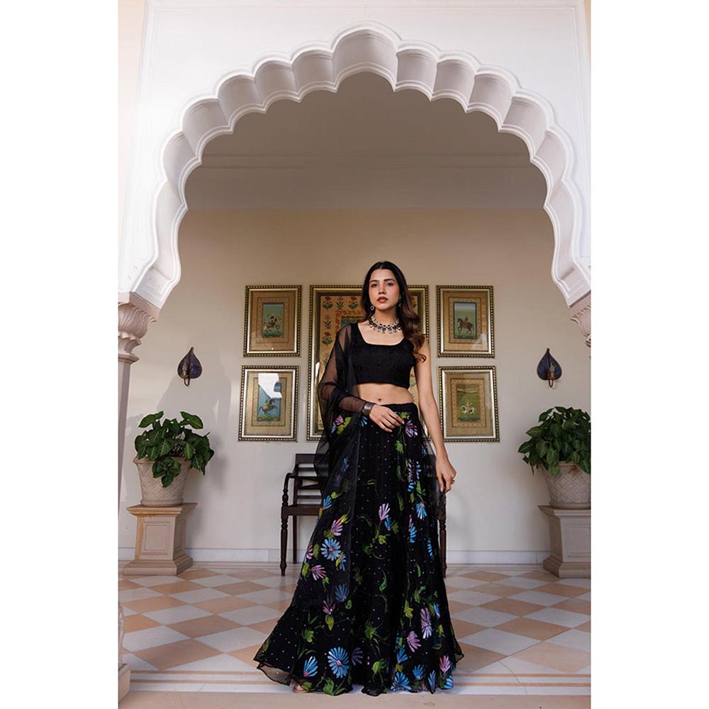 Geroo Luxe Women Black Chiffon Lehenga with Unstitched Blouse and Dupatta