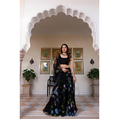 Geroo Luxe Women Black Chiffon Lehenga with Unstitched Blouse and Dupatta