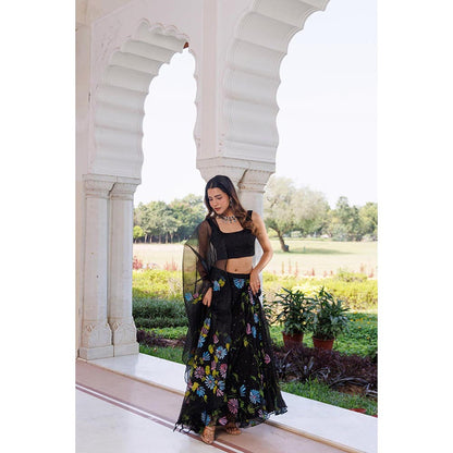 Geroo Luxe Women Black Chiffon Lehenga with Unstitched Blouse and Dupatta