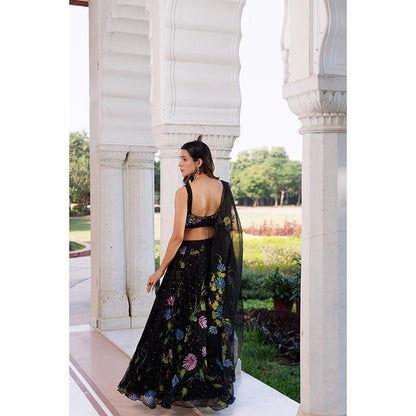 Geroo Luxe Women Black Chiffon Lehenga with Unstitched Blouse and Dupatta