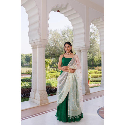 Geroo Luxe Women Green Chiffon Lehenga with Unstitched Blouse and Dupatta