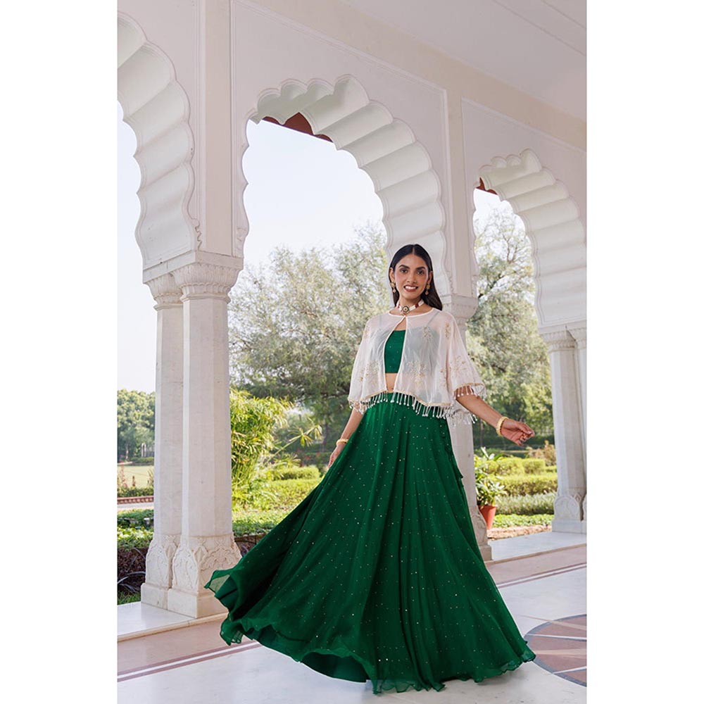 Geroo Luxe Women Green Chiffon Lehenga with Unstitched Blouse and Cape
