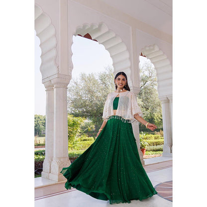 Geroo Luxe Women Green Chiffon Lehenga with Unstitched Blouse and Cape