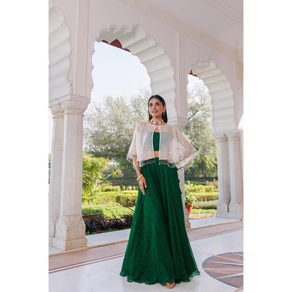Geroo Luxe Women Green Chiffon Lehenga with Unstitched Blouse and Cape