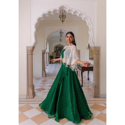 Geroo Luxe Women Green Chiffon Lehenga with Unstitched Blouse and Cape