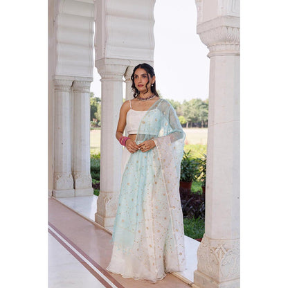 Geroo Luxe Women Off White Chiffon Lehenga with Unstitched Blouse and Dupatta