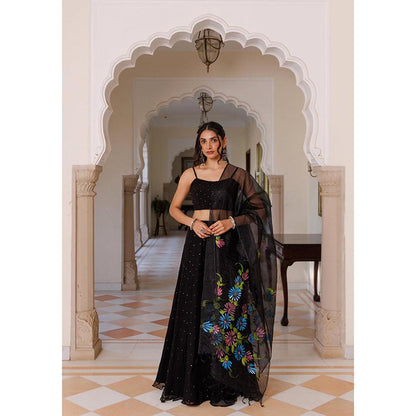 Geroo Luxe Women Black Chiffon Lehenga with Unstitched Blouse and Dupatta