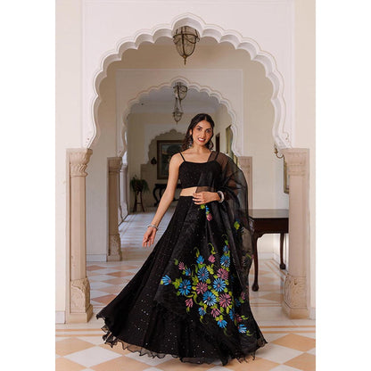 Geroo Luxe Women Black Chiffon Lehenga with Unstitched Blouse and Dupatta