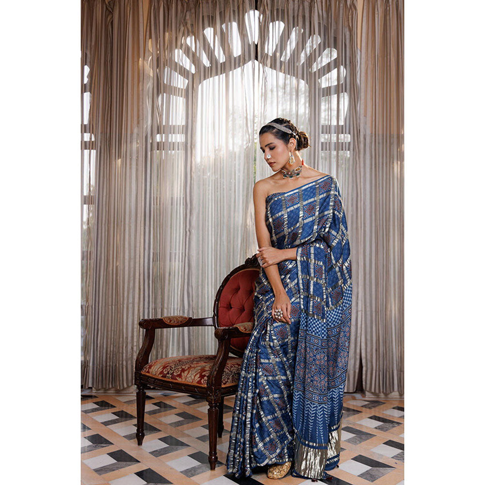 Geroo Luxe Handcrafted Blue Zari Check Pattern Ajrakh Saree with Unstitched Blouse
