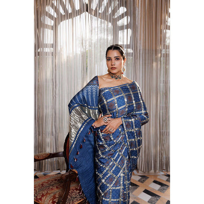 Geroo Luxe Handcrafted Blue Zari Check Pattern Ajrakh Saree with Unstitched Blouse
