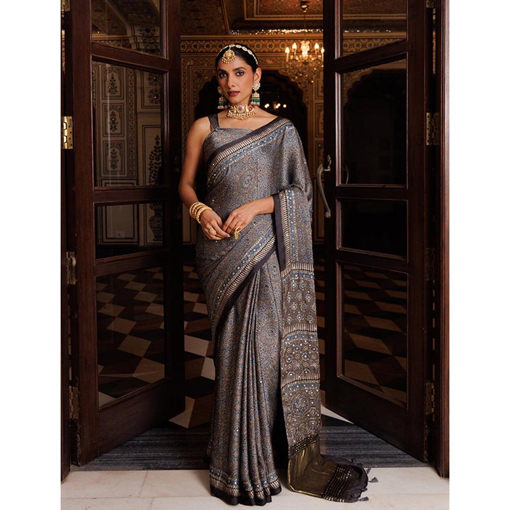 Geroo Luxe Multicolour Modal Silk Chic Aari and Sequins Ajrakh Saree with Unstitched Blouse
