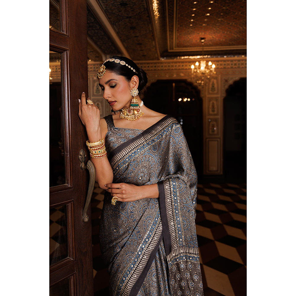 Geroo Luxe Multicolour Modal Silk Chic Aari and Sequins Ajrakh Saree with Unstitched Blouse