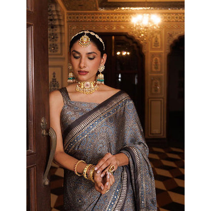 Geroo Luxe Multicolour Modal Silk Chic Aari and Sequins Ajrakh Saree with Unstitched Blouse