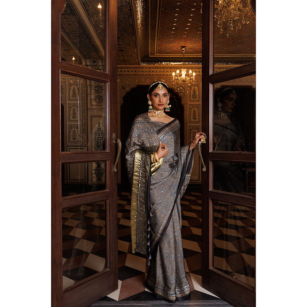 Geroo Luxe Multicolour Modal Silk Chic Aari and Sequins Ajrakh Saree with Unstitched Blouse