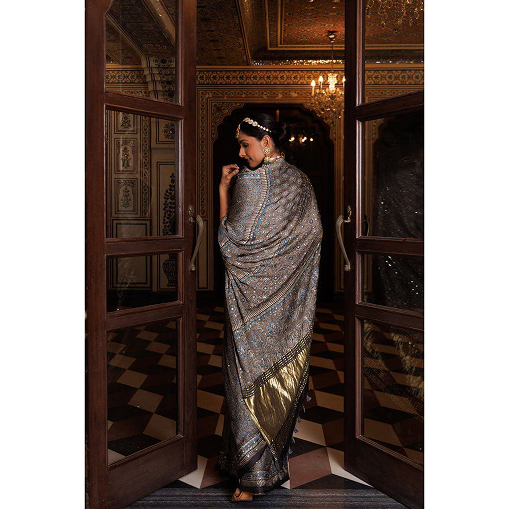 Geroo Luxe Multicolour Modal Silk Chic Aari and Sequins Ajrakh Saree with Unstitched Blouse