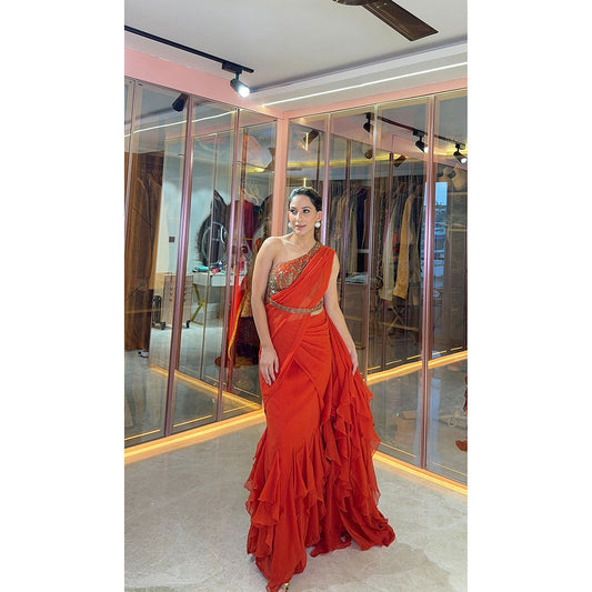 Glamique by Gungun Orange Ruffle Saree with Stitched Blouse and Belt