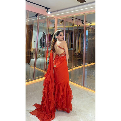 Glamique by Gungun Orange Ruffle Saree with Stitched Blouse and Belt