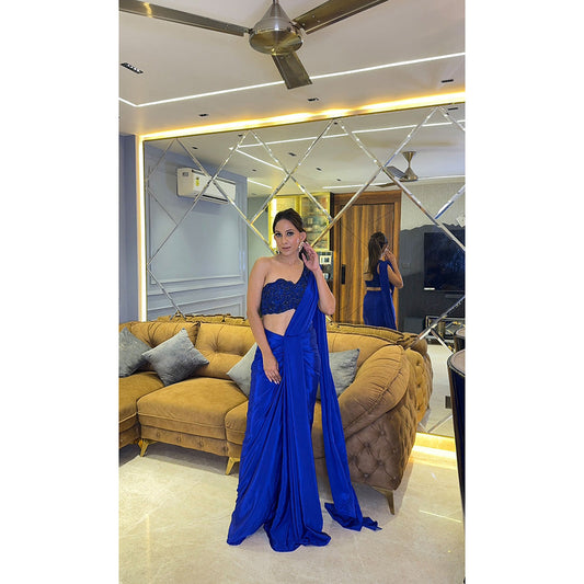 Glamique by Gungun Blue One Shoulder Saree with Stitched Blouse
