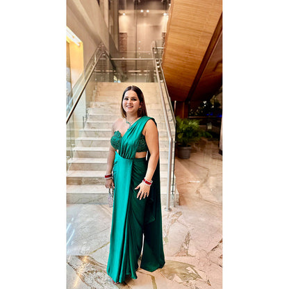 Glamique by Gungun Green One Shoulder Saree with Stitched Blouse